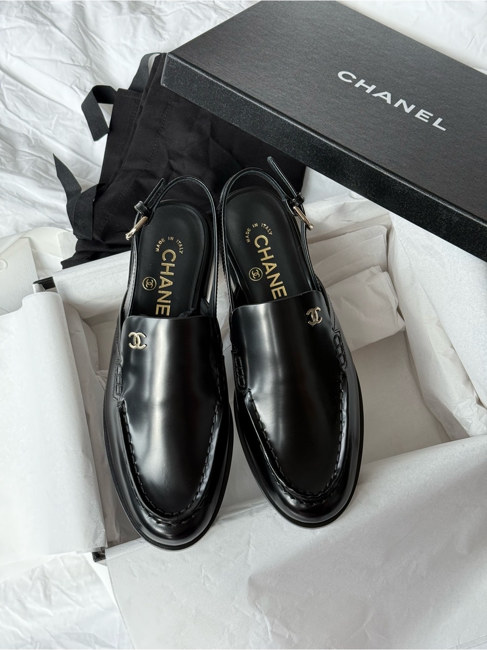 CHANEL Black Leather Slingback Loafers with Gold CC